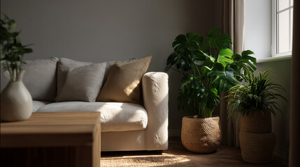 Modern Minimalist Scandinavian Living Room with Green Plants