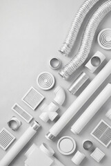 White ventilation system components and flexible aluminum air ducts arranged on neutral background. HVAC installation parts including pipes, connectors, grilles and fittings for air conditioning.