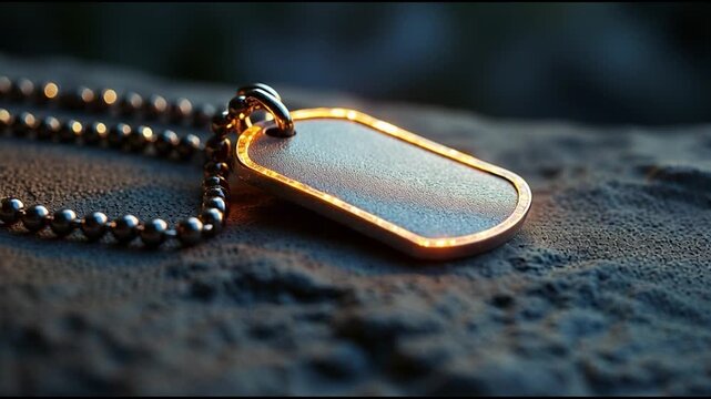 Remembrance and Honor: A detailed view captures the textured surface of a military dog tag resting on rugged stone, illuminated by subtle light, evoking respect and remembrance.