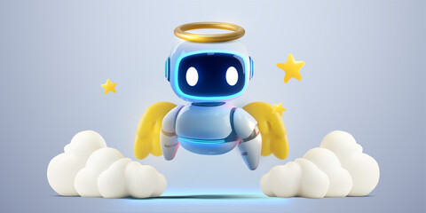 Cute 3D angel robot with glowing face halo and wings floating among clouds and stars on pastel blue background. Vector illustration