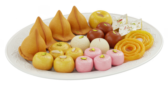 Assortment of indian sweets on a white plate isolated on transparent background