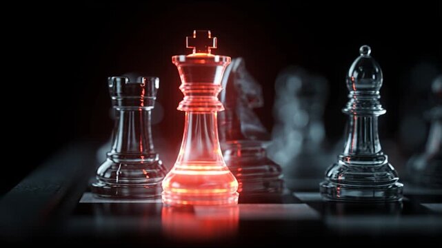 Strategic Warfare on the Board: The chess pieces are arranged on the chessboard, the king illuminated and ready to confront competition, with a sense of tension and anticipation of the next move.