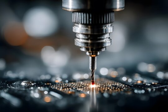 A precision drilling machine bores into a microchip on an electronic circuit board.