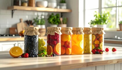 Fruit jars in bright kitchen.