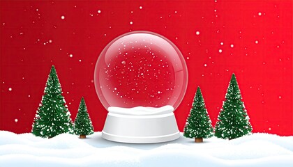 Festive Christmas snow globe with snowy trees and falling snowflakes on red background.