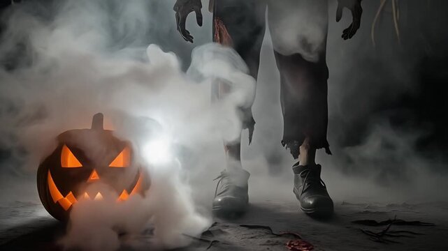 Shot of a fog machine outlet hidden behind a pumpkin. Thick, white fog billows out, enveloping a pair of zombie legs, making them appear and disappear