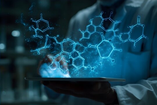 A scientist interacts with a digital tablet that projects glowing molecular structures in a laboratory setting.