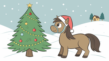 Naklejka premium Cartoon horse wearing santa hat stands near christmas tree in a snowy winter landscape scene outdoors