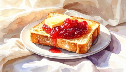 Slice of toast with butter and red jam served on a plate with a soft draped fabric background watercolor illustration