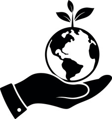 Hands gently cradling the Earth with a small plant sprouting from the top, isolated on white