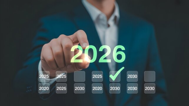 Businessman selecting year 2026 on digital futuristic timeline interface