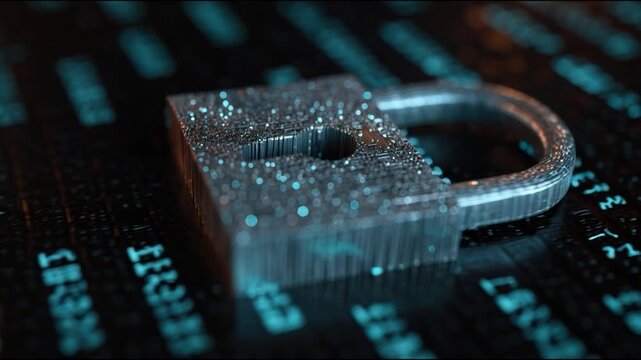 Digital Fortress: The image showcases a digital padlock, constructed from particles and illuminated in cool, technological tones, set against a matrix of binary code.