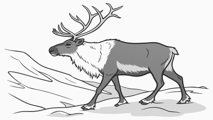 Illustration of a reindeer walking in a snowy landscape with large antlers in grayscale art style