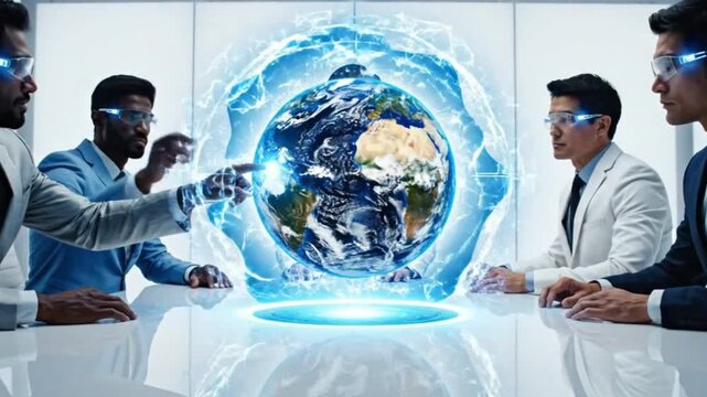 Business team interacting with holographic earth projection in meeting