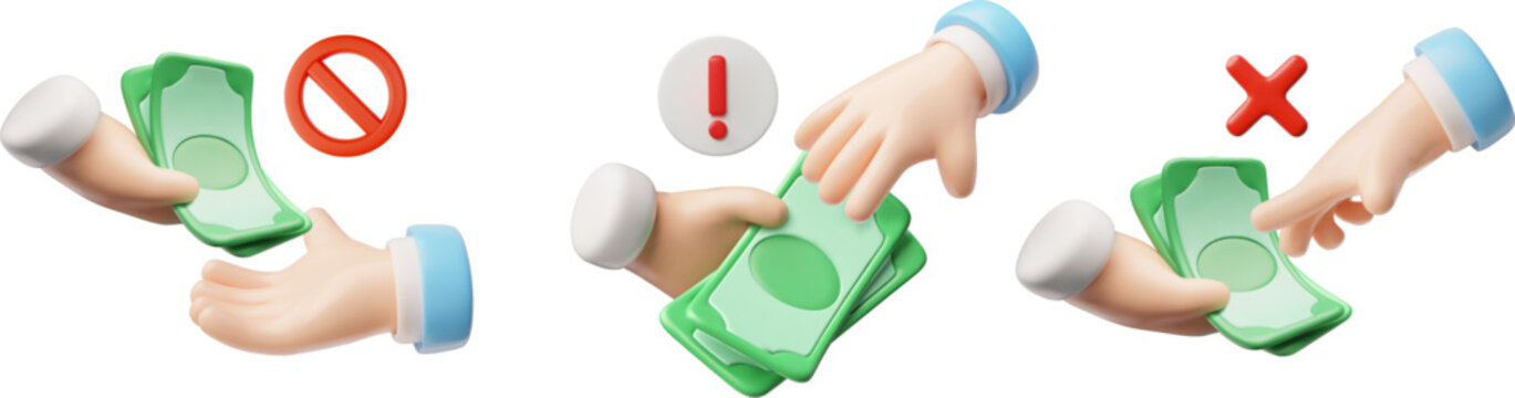 3D set of icons of hands transferring dollars to another, illegal transaction, corruption, warning.