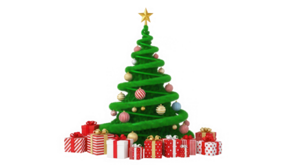 Festive christmas tree with gifts and star topper isolated on transparent background