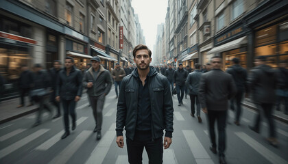 Young man standing confidently in a bustling urban street, surrounded by blurred figures, showcasing the contrast between individuality and the fast-paced city life