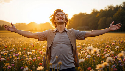 Young man with long hair stands in a vibrant flower field, arms outstretched, embracing nature and sunlight, conveying joy and freedom in a serene outdoor setting