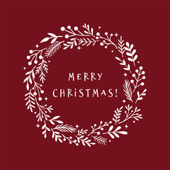 Elegant Christmas greeting card with a white botanical wreath and Merry Christmas lettering on a red background. Perfect for holiday wishes, festive design projects, invitations and seasonal graphics