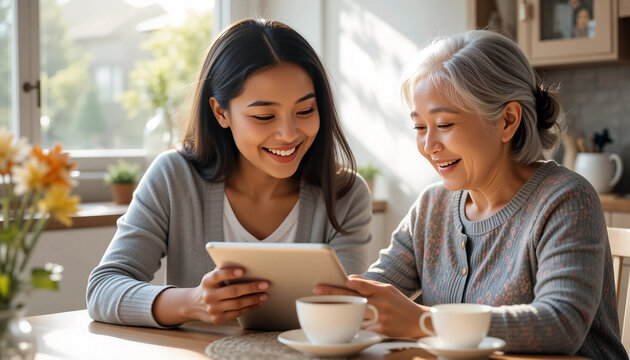 Young woman and senior woman sitting at a table, sharing a tablet, enjoying a warm moment together, surrounded by flowers and coffee cups, showcasing connection and joy in a cozy environment - Powered by Adobe
