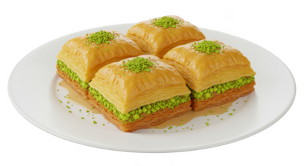 Four pieces of delicious baklava with pistachios isolated on transparent background