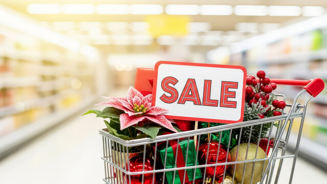 Shopping cart with Christmas decor and SALE sign in a supermarket aisle. Holiday discounts, offers, and retail promotions.