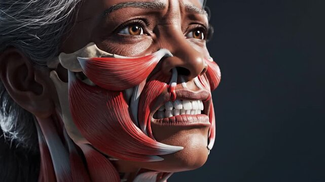 Cinematic orbital view of human facial muscles