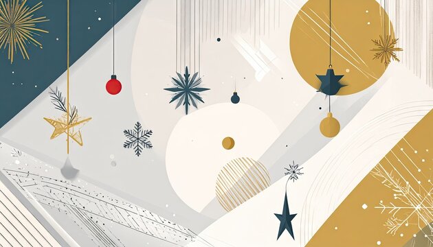 Abstract modern geometric holiday background with festive winter ornaments and shapes.