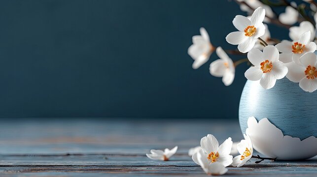Close-up of white flowers in a blue vase on a wooden table, with a dark blue background, creating a serene and elegant composition. - Powered by Adobe