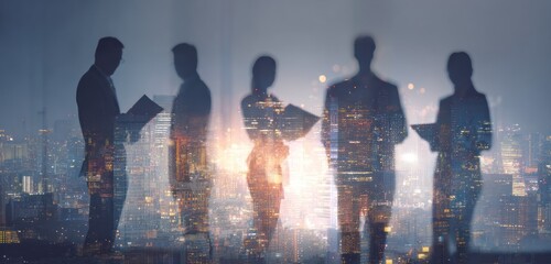 Silhouettes of business people overlaid on a bright city skyline.