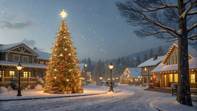 Festive christmas tree illuminates a snow covered village street at dusk with warm lights