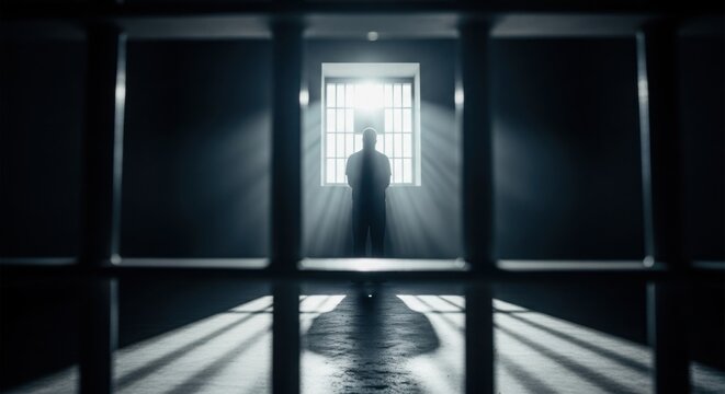 Man in solitary confinement staring at a barred prison window with bright light - Powered by Adobe