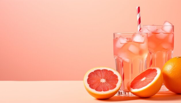 Summer cold cocktail with ice cubes, juice and slices grapefruit on pastel pink background., Summer cold cocktail with ice cubes, juice and slices grapefruit on pastel pink background