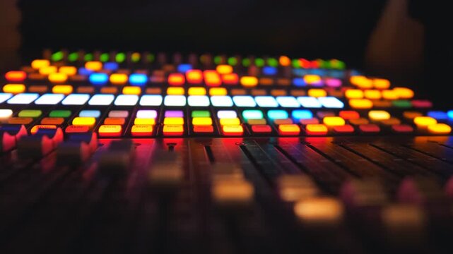 View of moving buttons on dj remote or soundboard. Working process in recording studio. Blurred background with brightly glow keys. Musical player at night party. Close up Dolly shot