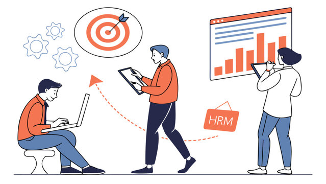 Three people working on goals and hrm with laptop tablet and chart in a modern office setting