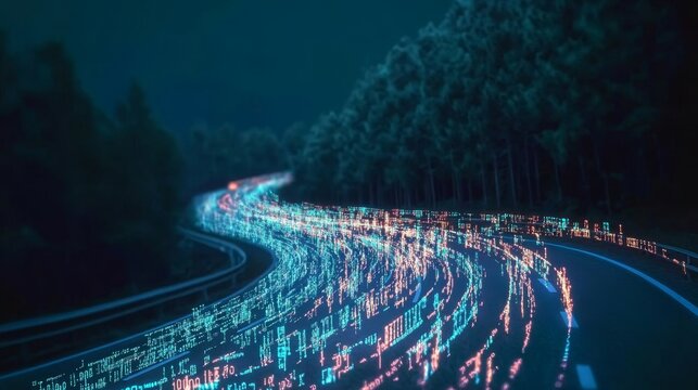 Futuristic Digital Highway Nighttime Data Stream on Asphalt Road with Global Connectivity