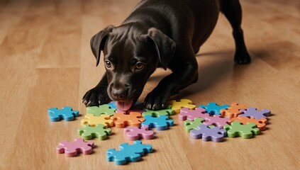 Adorable puppy plays with a colorful brain teaser toy on a wooden floor learning and having fun indoors