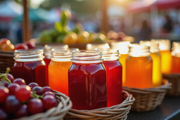 Colorful homemade fruit preserves and jams in glass jars at farmers market. Traditional canning with grape, orange and berry conserves for natural organic food storage and healthy eating lifestyle.