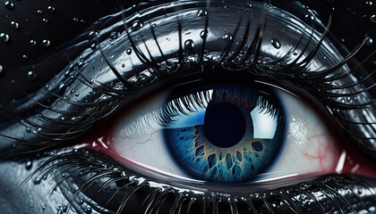 Intense macro shot of a detailed cybernetic blue eye with dark, wet metallic makeup, exploring future concepts of artificial intelligence