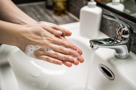 Person washing hands with soap and water in a sink - Powered by Adobe