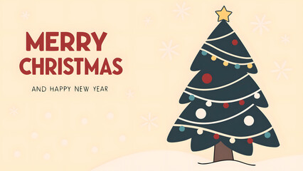 Merry christmas greeting with a decorated evergreen tree and festive lights