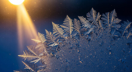 Golden sunlight shines on delicate, fern-like frost patterns and ice crystals on a frozen window during a cold winter morning