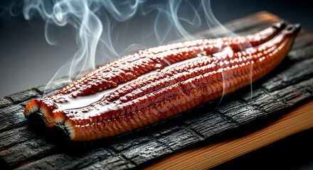 a grilled unagi kabayaki fillet, glistening with a thick, sweet soy-based glaze, the grill marks and flaky texture of the eel, on a charred cedar plank, smoky atmosphere 