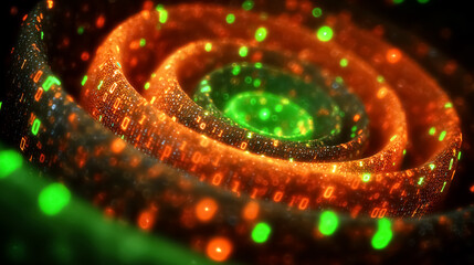 Glowing green and orange binary numbers swirl in a captivating spiral pattern. Abstract digital design reflecting technology and innovation trends
