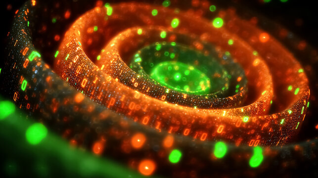 Glowing green and orange binary numbers swirl in a captivating spiral pattern. Abstract digital design reflecting technology and innovation trends