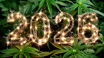 Naklejka premium 2026 and surreal colorful cannabis plants. New Year