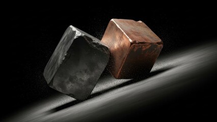 Two rough textured cubes one dark gray and one rusty brown floating diagonally with small particles against a black background.