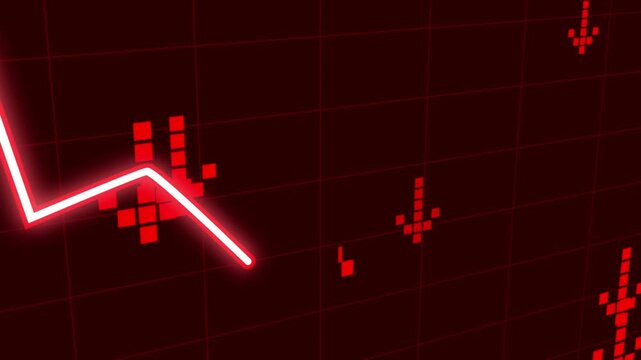 Digital chart with a glowing descending line graph and red arrows indicating a financial market crash or economic recession.