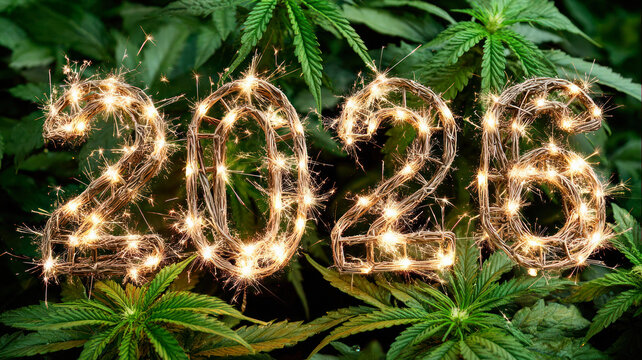 2026 and surreal colorful cannabis plants. New Year