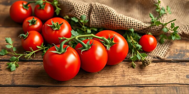 Rustic wooden table, ripe red tomato, burlap, herbs,  design element,  burlap